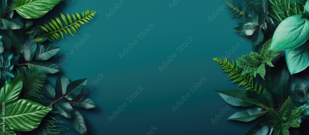 Aufkleber top view of a trendy green and turquoise background with a creative layout of green leaves and exoti