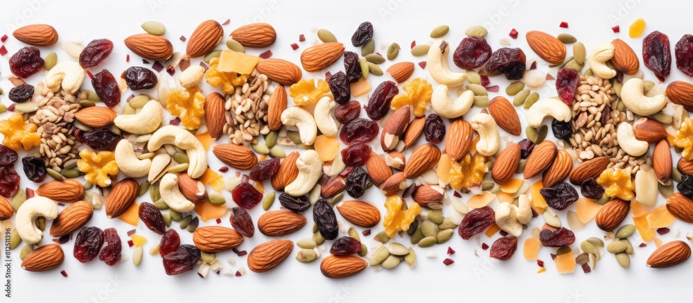 Poster top view of a homemade granola with a variety of nuts and seeds spread on a baking sheet perfect as 