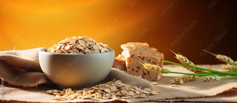 Poster a traditional breakfast includes a bowl of whole grain flakes served on a brown sack with ample copy