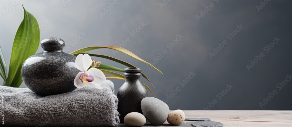 Aufkleber A tranquil spa concept is showcased in a relaxing image featuring spa accessories on a grey background with a closeup view and copy space available