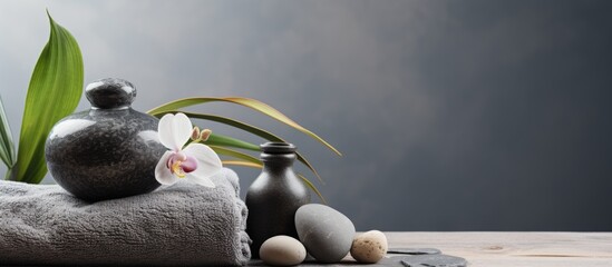 A tranquil spa concept is showcased in a relaxing image featuring spa accessories on a grey background with a closeup view and copy space available