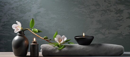 A tranquil spa concept is showcased in a relaxing image featuring spa accessories on a grey background with a closeup view and copy space available
