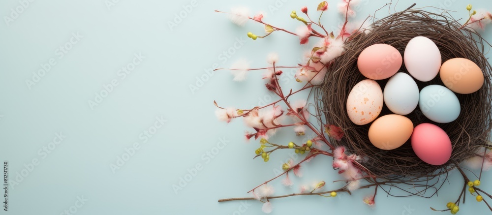 Poster A trendy minimalist Easter themed flatlay with a top down perspective The image showcases colorful eggs and a nest portraying the essence of the spring season Ample copy space is available for adding