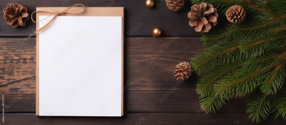 Poster Christmas gift list notepad with spruce twigs and a gift box arranged in a flat lay style on a surface made of oak wood copy space image