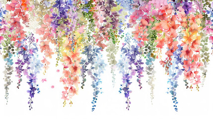 Colorful Cascading Floral Garlands Illustration on White, Digital illustration of colorful cascading floral garlands on a white backdrop, ideal for spring and festive decorations