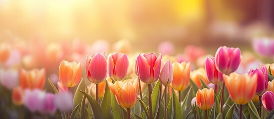 Colorful tulips with beautiful sunset background in the garden Lovely pastel and soft floral bokeh creates a vibrant copy space image