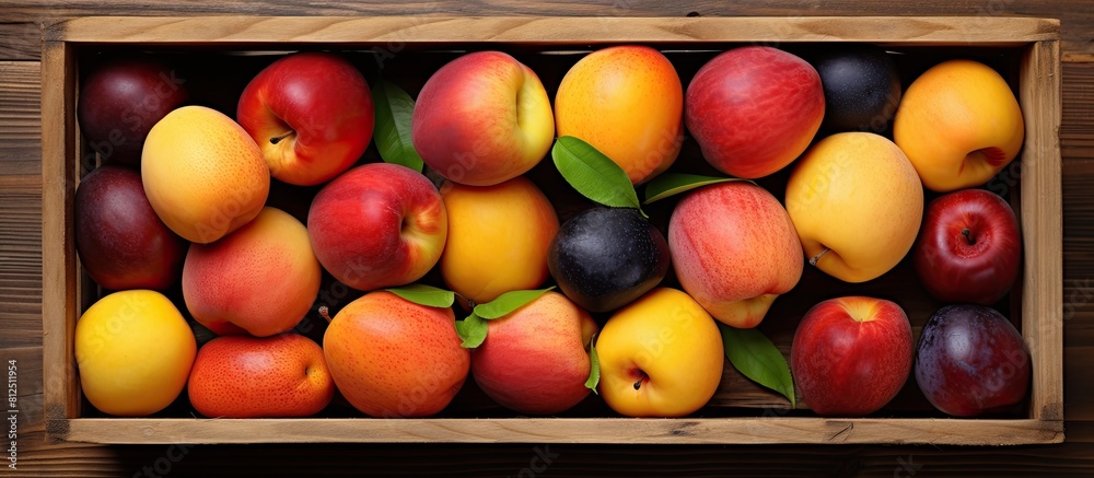 Poster A variety of fresh fruits including apricot peach nectarine and plum are elegantly arranged in a wooden box The box is placed on a wooden surface creating a visually appealing top view This copy spac