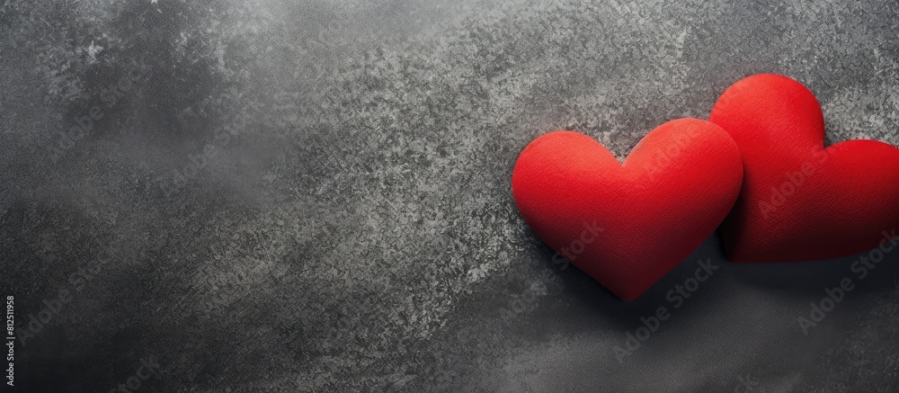 Fototapete Two red heart shaped objects placed on a textured surface with empty space around suitable for adding any desired image or text. Creative banner. Copyspace image