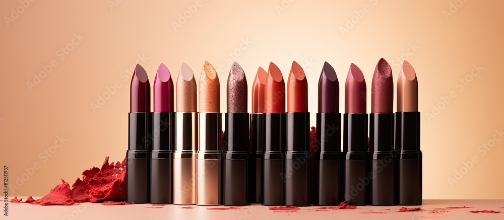 Poster A variety of lipsticks displayed on a beige backdrop creating an interesting copy space image