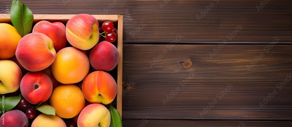 Aufkleber A variety of fresh fruits including apricot peach nectarine and plum are elegantly arranged in a wooden box The box is placed on a wooden surface creating a visually appealing top view This copy spac