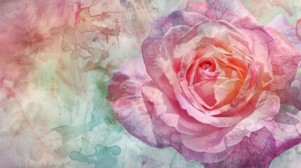 Pink rose on grunge watercolor background.