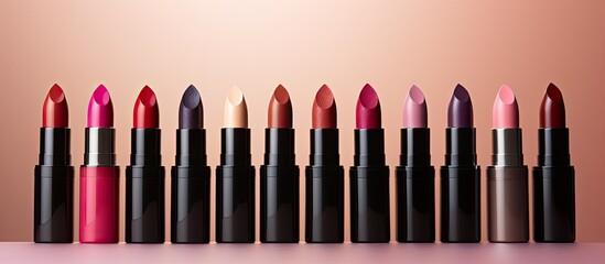 A variety of lipsticks displayed on a beige backdrop creating an interesting copy space image