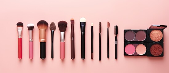 A variety of makeup products arranged on a pink background in a flat lay and top view photograph creating a copy space image