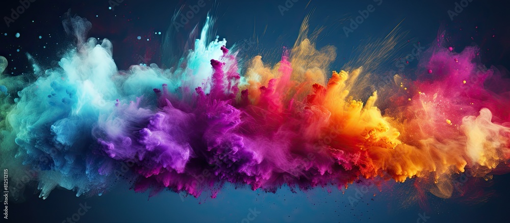 Poster A vibrant and dynamic image of colorful powder bursting into the air creating a mesmerizing visual spectacle The captivating display includes a mix of vibrant shades and glimmering textures Perfect f