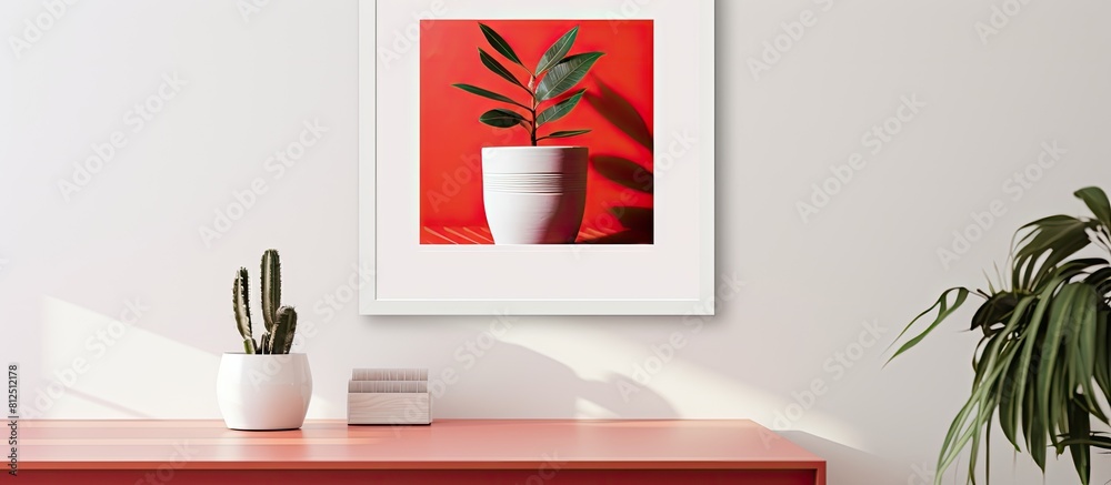 Poster A vibrant red and white frame poster featuring a beautifully potted plant placed on a table leaving ample space for additional images