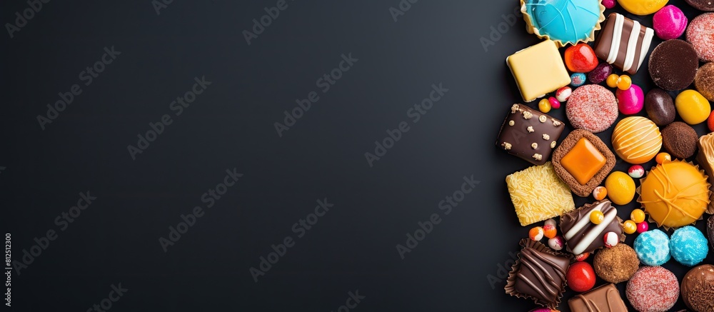 Poster A vibrant assortment of candy arranged on a colorful background seen from above in a flat lay style The image features a border made up of various types of chocolate coated candy Perfect for copy spa