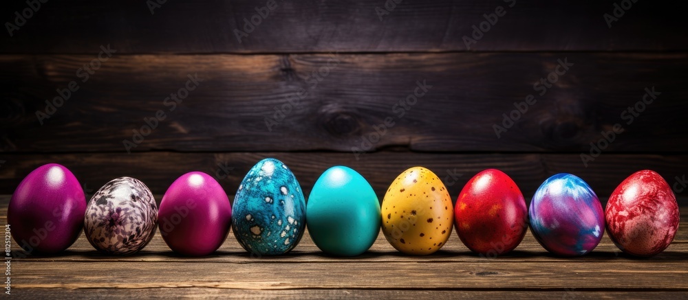 Aufkleber A vibrant assortment of Easter eggs placed on a rustic wooden surface creating a visually appealing and lively composition for a copy space image