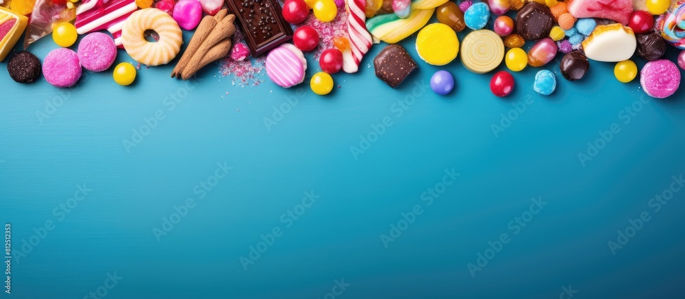 Poster a vibrant assortment of candy arranged on a colorful background seen from above in a flat lay style 