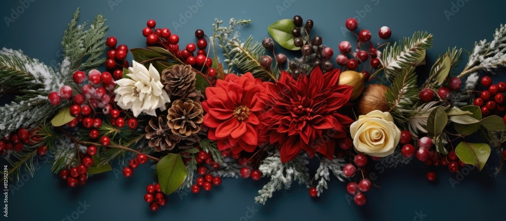 Aufkleber A festive Christmas arrangement on a vibrant background capturing the essence of the holiday season A top down view with ample space for additional elements