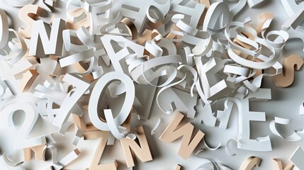 A pile of white and brown letters scattered on a white background