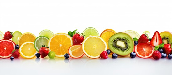 A vibrant assortment of various sliced fruits perfectly arranged on a pure white background for a visually striking copy space image