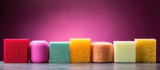 A vibrant assortment of cleaning sponges arranged neatly on a textured peony colored backdrop offering ample space for customized text or images