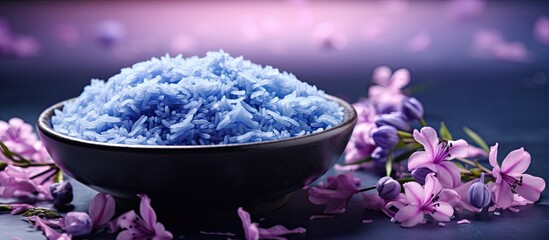 A vibrant blue rice dish featuring the delicate and mesmerizing butterfly pea flowers creating an enchanting copy space image
