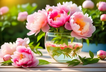 A bouquet of pink peonies in a glass cup on a table in a garden setting
