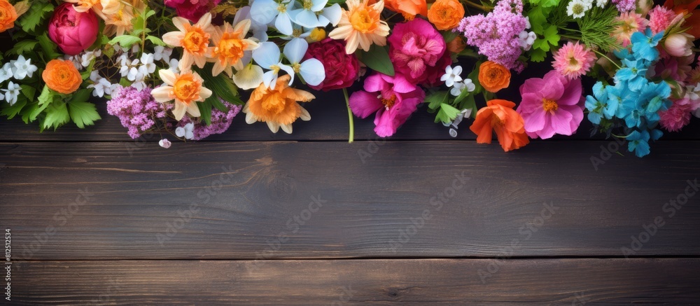 Poster A vibrant bouquet of flowers placed on a background of green wooden planks providing ample space for a copy space image