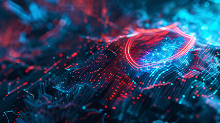 A digital shield projecting a force field around a server farm, defending against cyber attacks