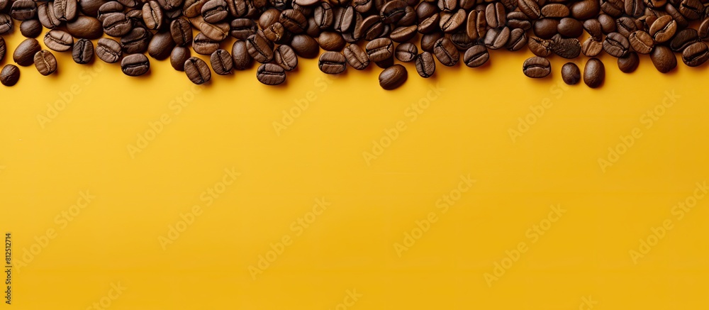 Poster a vibrant yellow backdrop with coffee beans providing enough space for text and a panoramic frame. c