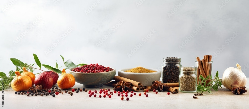Poster a vibrant photo of spices with peppercorns placed on a table against a light grey background ample c