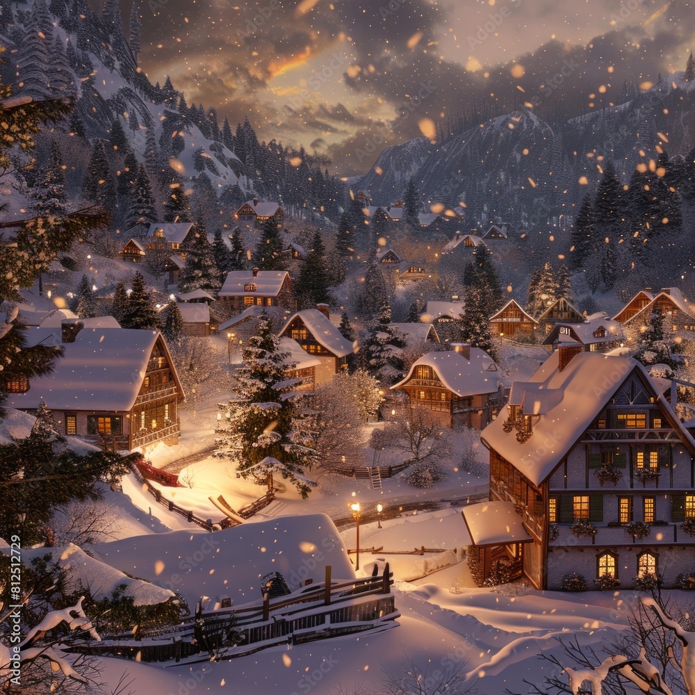 Wall mural A snowy mountain village with houses lit up for Christmas