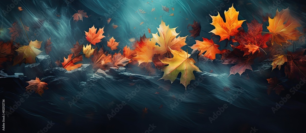 Poster A vibrant scene of autumn leaves against a dark backdrop creating a striking contrast and providing ample copy space for the image
