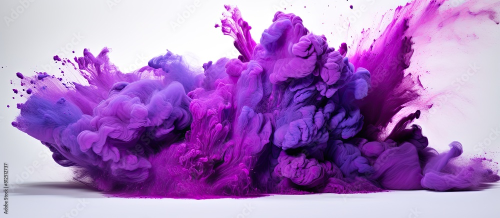 Poster A vibrant explosion of purple color powder is captured in a freeze frame on a white backdrop creating a visually striking copy space image 135 characters