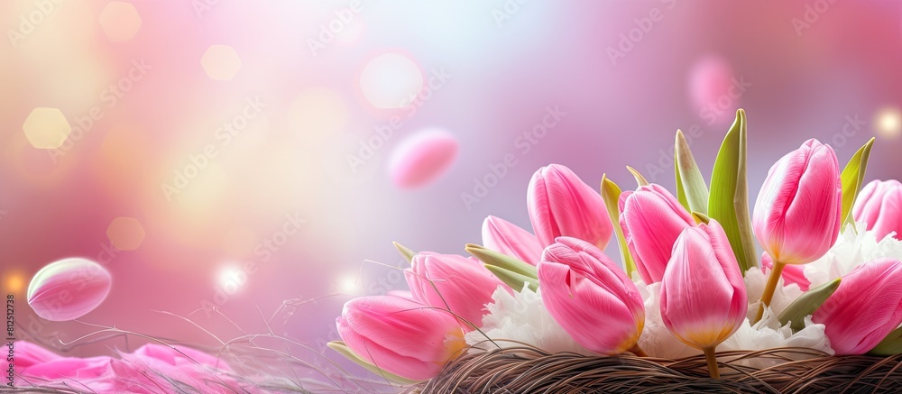 Aufkleber a vibrant spring scene with easter eggs nestled in a bird s nest surrounded by beautiful pink tulips