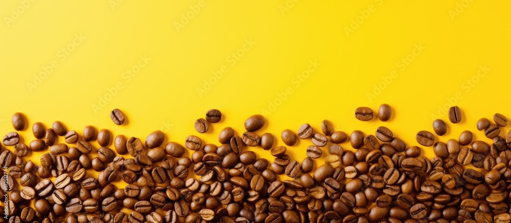 Poster a vibrant yellow backdrop with coffee beans providing enough space for text and a panoramic frame. c