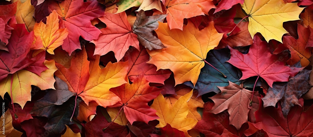 Poster autumn leaves in vibrant shades of red orange green brown and yellow create a captivating copy space
