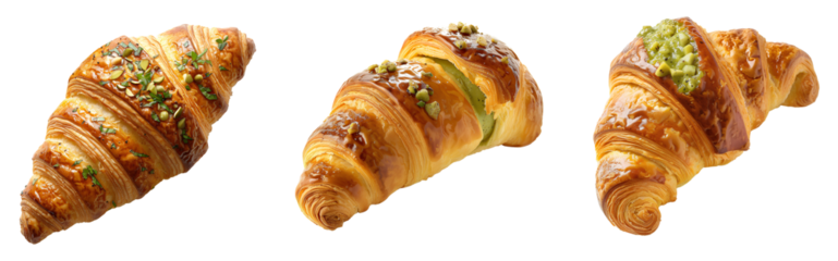 Pistachio croissant set PNG. Set of pistachio croissants isolated. Pistachio croissant PNG. French pastry croissant top view PNG. Puff pastry dessert isolated