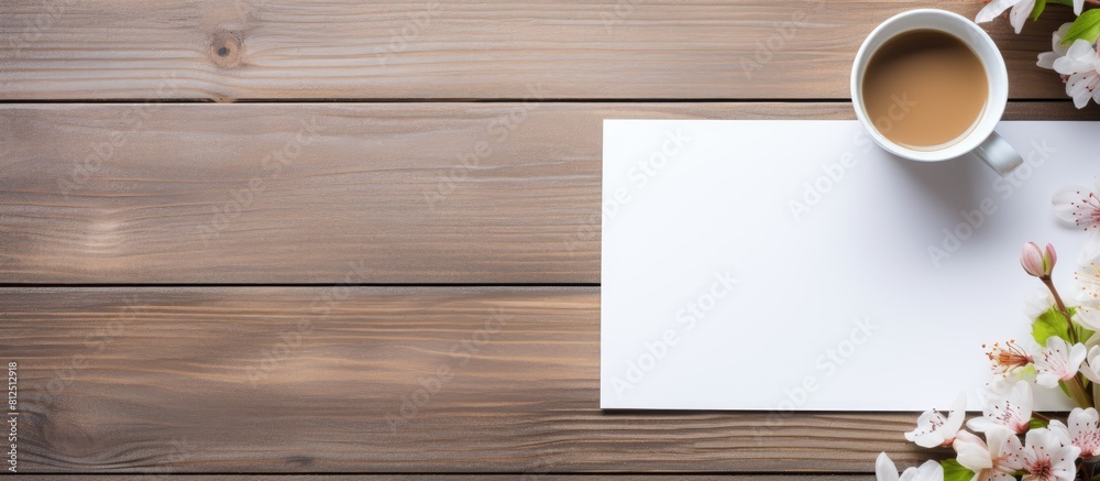 Poster Top view of an office table desk adorned with various supplies such as a white blank note pad a cup a pen a pc a crumpled paper and a flower all placed on a wooden background with ample copy space im