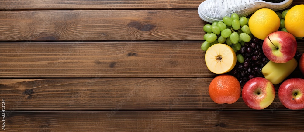 Poster a top view of fitness and healthy food concept with sneakers towel and a drink bottle placed on a wo