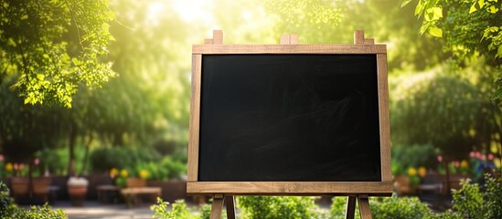 A perspective view of a blank blackboard with an easel is placed on a podium at a food stall in a natural park The image features a green environment with trees and sunlight It serves as a chalkboard