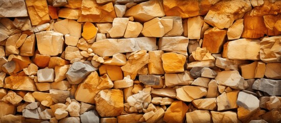 A vibrant amber wall adorned with numerous beautiful stones perfect for use as a texture or background in images requiring copy space