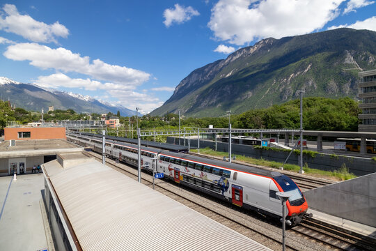 SBB-CFF Swiss double-decker train on the Simplon railroad line