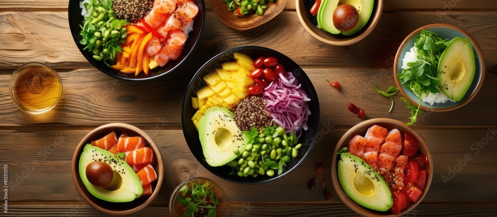 Poster top view copy space image of a traditional hawaiian meal consisting of poke bowls filled with shrimp