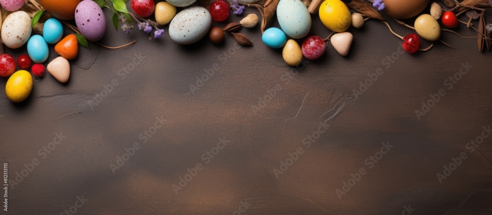 Poster the top view of a stone table presents an easter greeting card backdrop adorned with chocolate eggs 