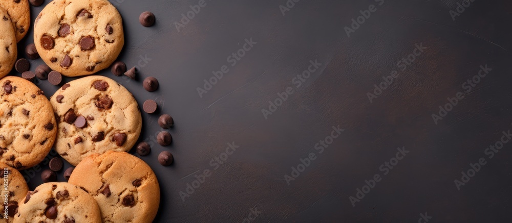 Poster Top view copy space image of delicious chocolate chip cookies on a gray background perfect for adding text