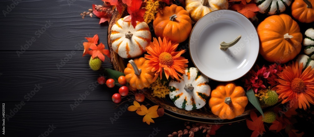 Aufkleber above view of a floral composition for thanksgiving day featuring colorful pumpkins fallen leaves an