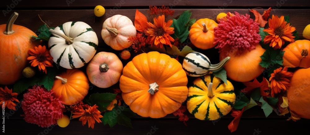 Aufkleber above view of a floral composition for thanksgiving day featuring colorful pumpkins fallen leaves an
