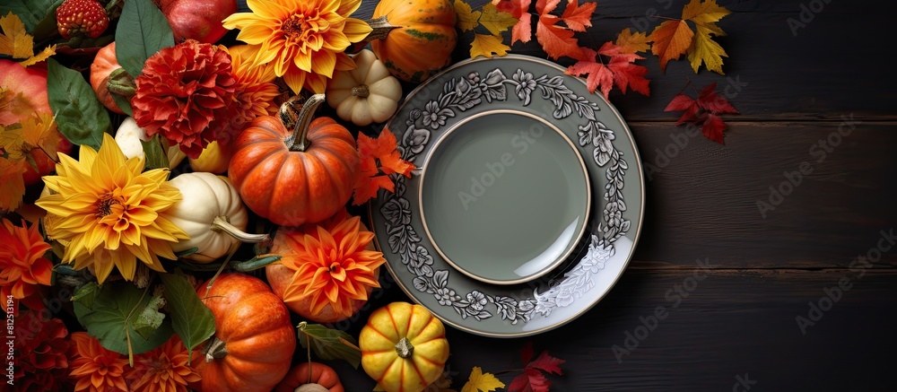 Aufkleber above view of a floral composition for thanksgiving day featuring colorful pumpkins fallen leaves an